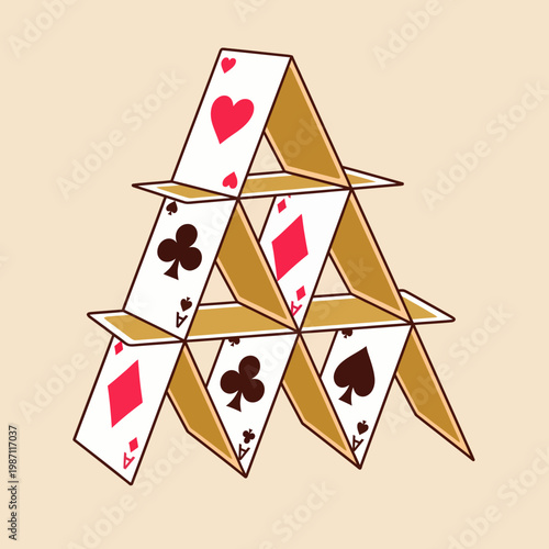 Schilderij op canvas This image presents a whimsical house of cards, intricately designed in the shape of a letter A, emphasizing skill and creativity in a playful manner