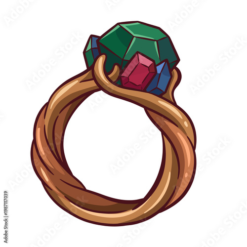 A detailed illustration of a beautiful ring adorned with vibrant gemstones, showcasing luxury and elegance, perfect for symbolizing love and cherished moments.