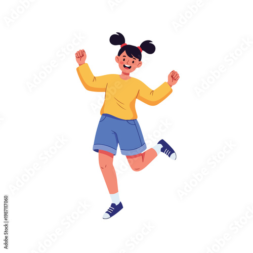 Cartoon girl in casual clothes jumping with joy and excitement