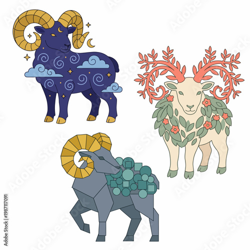 This creative illustration showcases three unique rams, with celestial and floral designs, portraying a whimsical connection between nature and the cosmos.