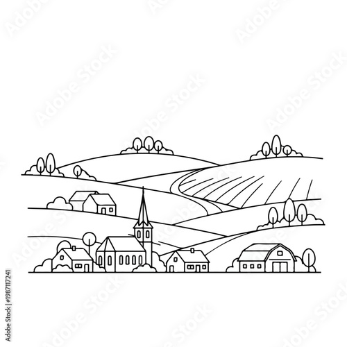 Rural village landscape with church and houses in rolling hills