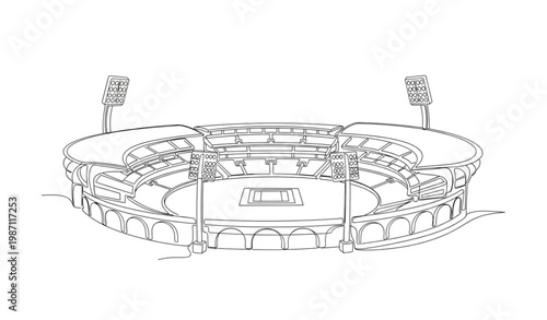 Monoline cricket stadium continuous line art with stands and pitch vector illustration