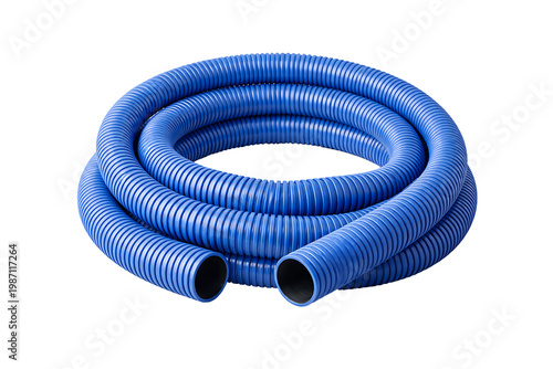 Flexible Blue Corrugated Plastic Hose Pipe Coiled in Circular Shape Isolated on Transparent Background