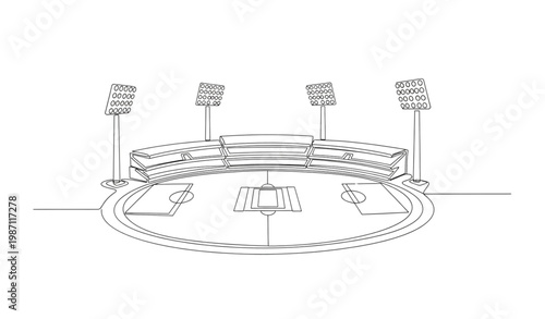Continuous line cricket stadium illustration with pitch and floodlights minimal vector