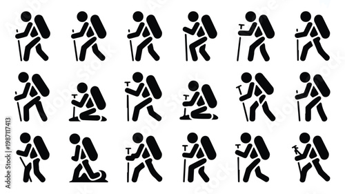 set of black silhouettes of people hiking in different poses with trekking poles