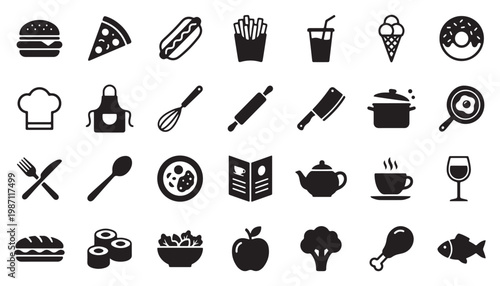 Food and kitchen equipment icons including restaurant meals cooking tools and ingredients