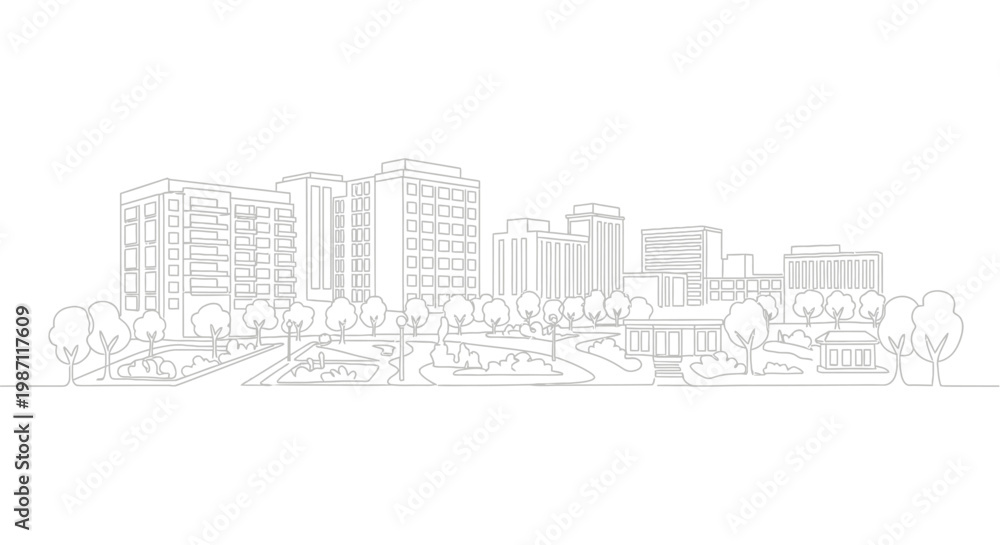 Fototapeta premium Minimalist continuous line drawing of a modern city skyline.