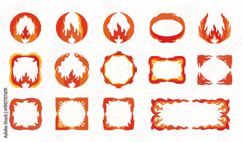 Flame frames vector set fire borders in different shapes curved flames design collection