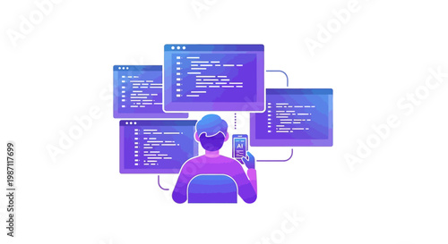Man surrounded by computer screens coding.