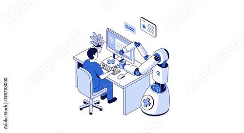 Man working with robot at desk.
