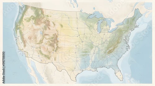 Vintage-style topographic map of the United States with natural terrain features