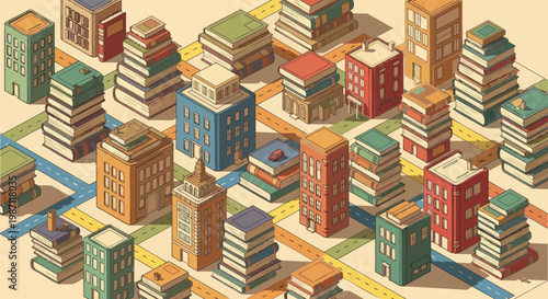 Whimsical cityscape illustration where towering stacks of books form architectural structures, creating an urban landscape of knowledge