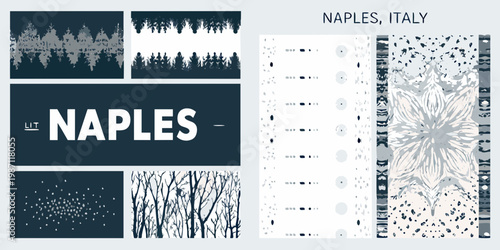 Collage of abstract patterns and text referencing naples italy