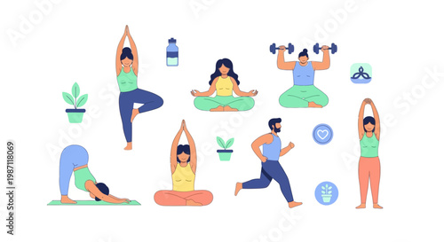 People doing various fitness exercises.