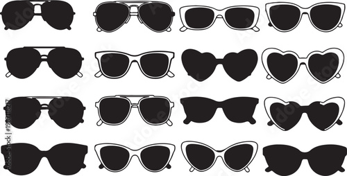 Vector sunglasses icons, black and white, heart shaped, fashion eyewear, 20 different styles