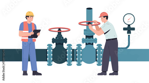 Two workers inspect and operate industrial pipeline valves