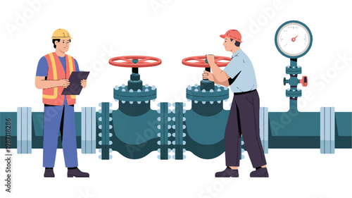 Two workers inspecting large industrial pipeline valves and gauge