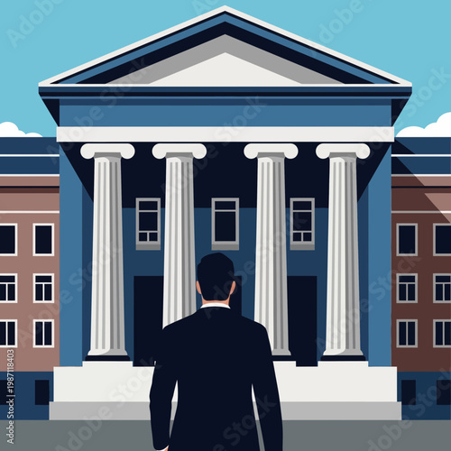 Man Standing Before Neoclassical Building in Urban Environment