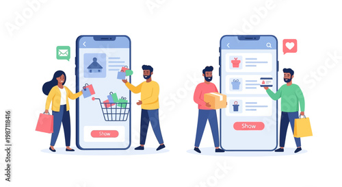 People interacting with large smartphones.