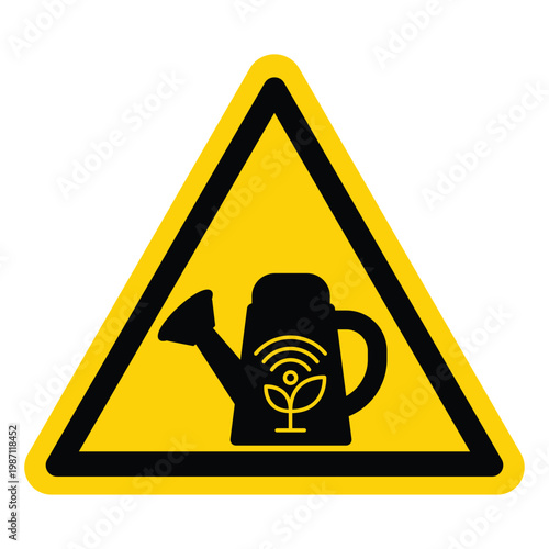 Caution Sign Featuring Watering Can with Technology Symbol for Gardening