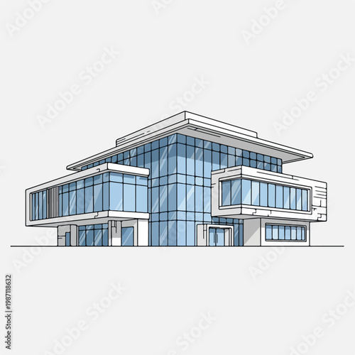 Modern office building with large glass windows and white exterior