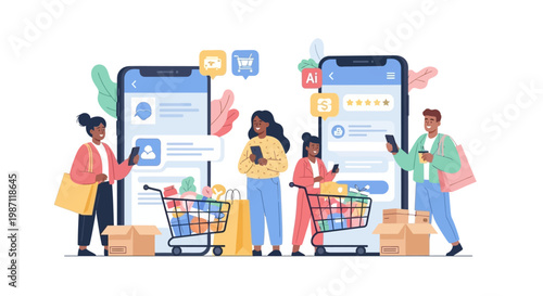 People shopping with mobile phones.