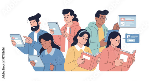 People using digital devices together.