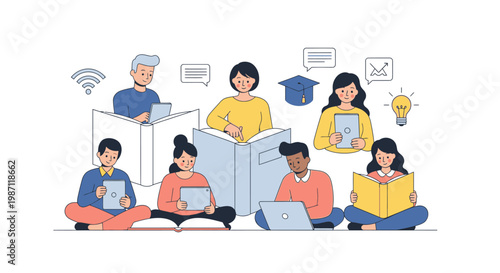People sitting with laptops and books.