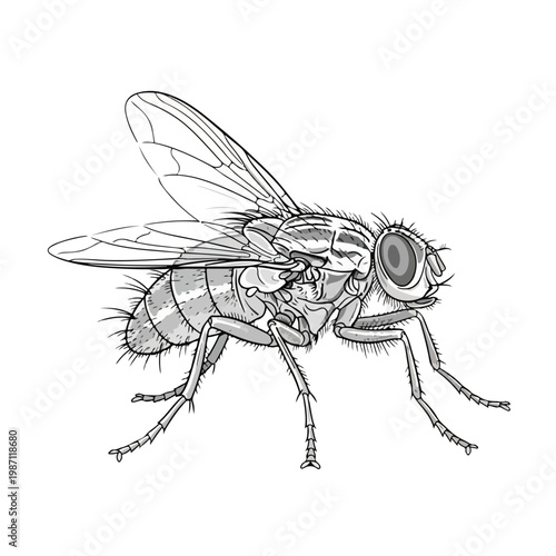 Insect fly with large eye and hairy body line drawing