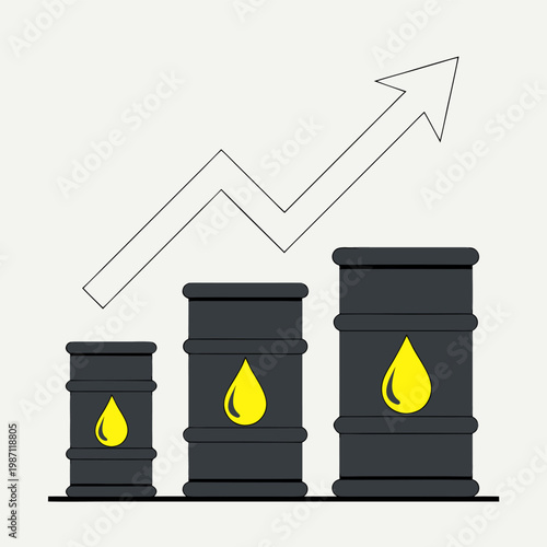 Flat style illustration of oil barrels with upward arrows, showing petroleum price increase and economic market growth.