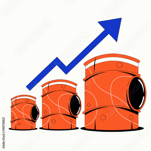 Oil barrel icons with rising arrows, flat style vector representing fuel price growth and global trading economy.