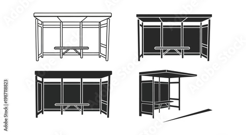 Bus stop icons set vector illustration, public transport shelter symbols, waiting station bench route sign elements, clean minimal UI design