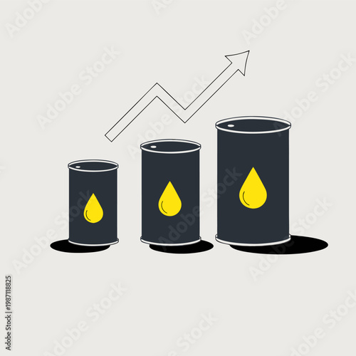 Oil barrels with rising price arrows in flat style, representing fuel economy, trading, and production growth.