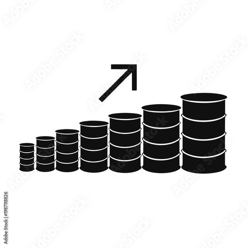 Oil barrels illustration with price increase arrows, representing fuel production, trading, and economic growth in flat style.