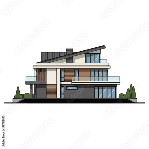 Modern two story house with balcony and brown accents exterior design