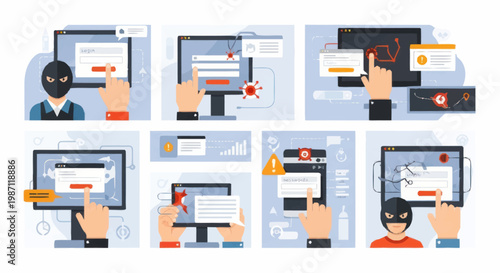 Cybersecurity concept with hacker and online security icons.