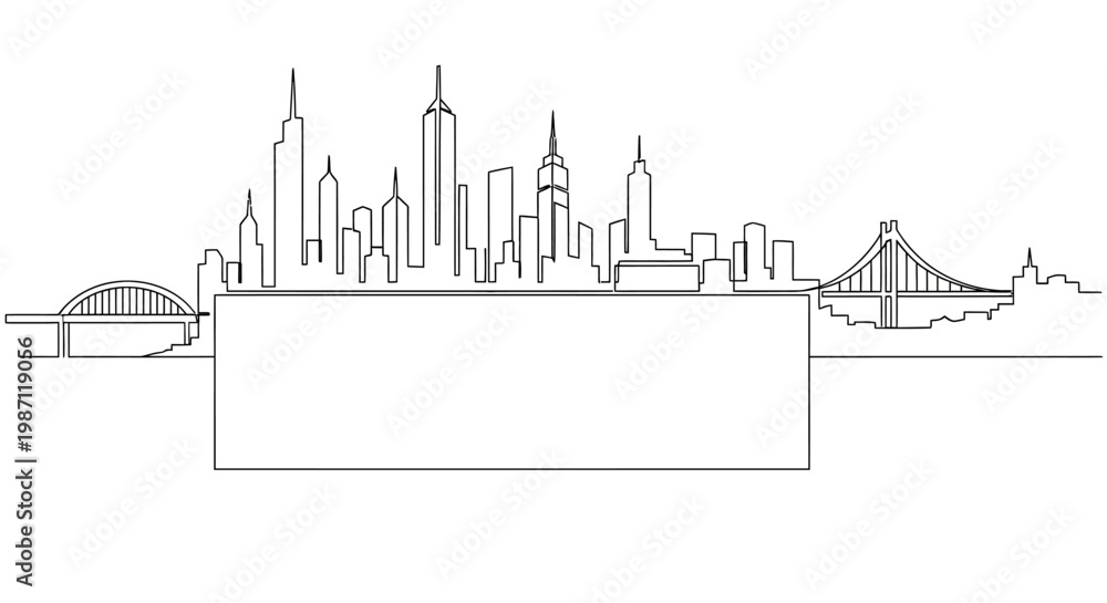 Fototapeta premium Continuous line drawing of a modern cityscape skyline with an empty rectangular banner.