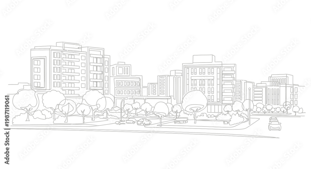 Fototapeta premium Hand drawn architectural sketch of a modern urban cityscape with trees.