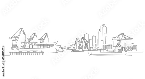 Continuous one line drawing of a bustling industrial seaport with cargo ships and cranes.