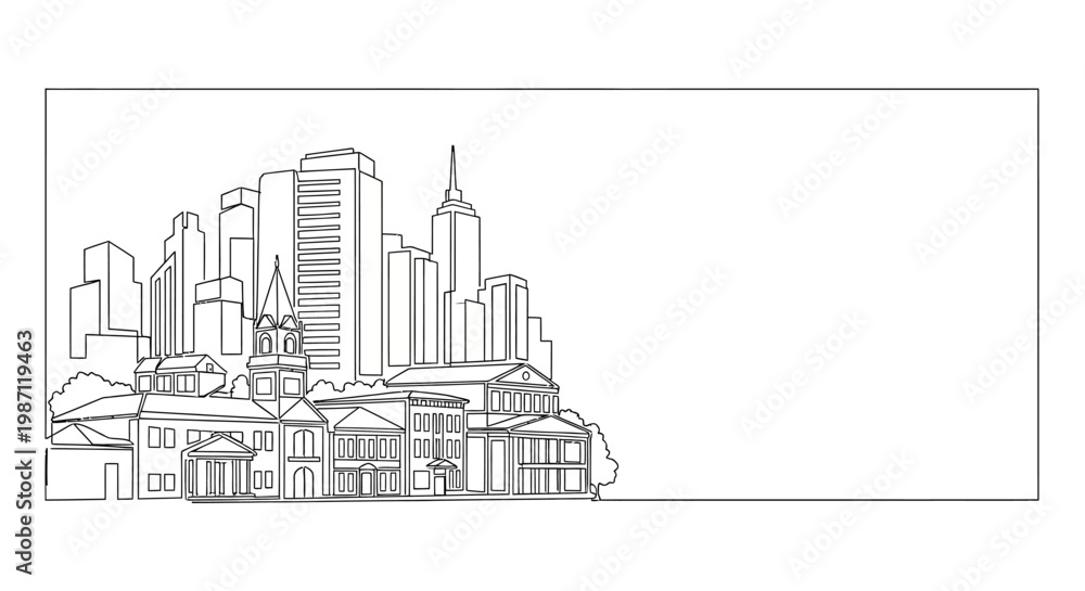 Fototapeta premium Hand drawn line art illustration of a city skyline with buildings and skyscrapers.