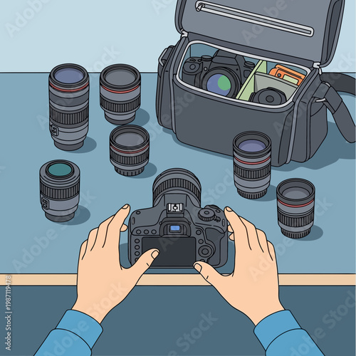 Photographer Capturing Images with Camera and Various Lenses