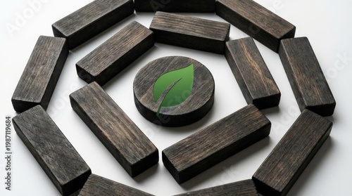 Charcoal Briquettes Arranged Around Green Leaf Emblem.