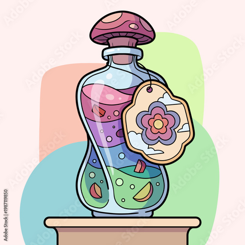 A mystical potion bottle adorned with whimsical elements, evoking a sense of enchantment and creativity, perfect for fantasy-themed art or products.