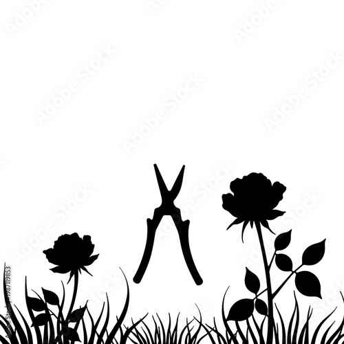 Garden shears next to blooming roses in silhouette for Rose Festival  