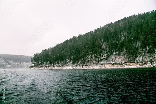 Photos Krasnoyarsk Reservoir on Yenisei River, winter landscape on cloudy day Siberia