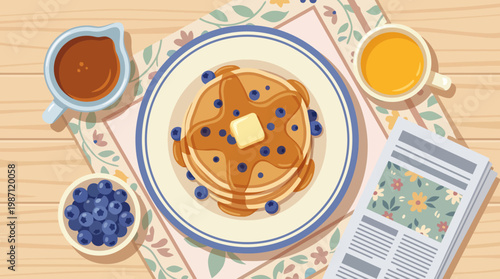 A delightful overhead view of a perfectly stacked pancake served with maple syrup and topped with fresh blueberries, representing a cozy breakfast experience to cherish.