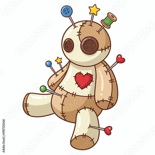 This fun voodoo doll showcases a blend of cultural symbolism and creativity, adorned with colorful pins and buttons, making it a unique and playful representation of tradition.