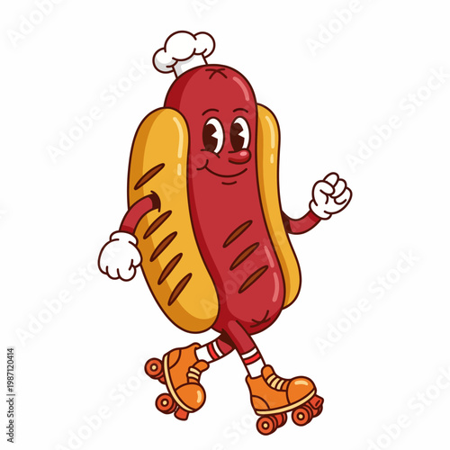 This lively hot dog character wears a chef's hat and sports roller skates, conveying a fun and dynamic approach to food art and character design for culinary promotions.
