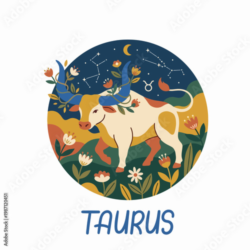 This artistic representation showcases the Taurus zodiac sign with a bull amidst flowers and constellations, symbolizing strength, nature, and astrological significance.