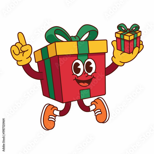 A cheerful cartoon gift box character, happily waving with a small gift in hand, symbolizing joy and celebration, perfect for themes of giving, birthday, and holidays.